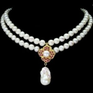 Genuine Pearl w/ Rubies Double Rows Necklace